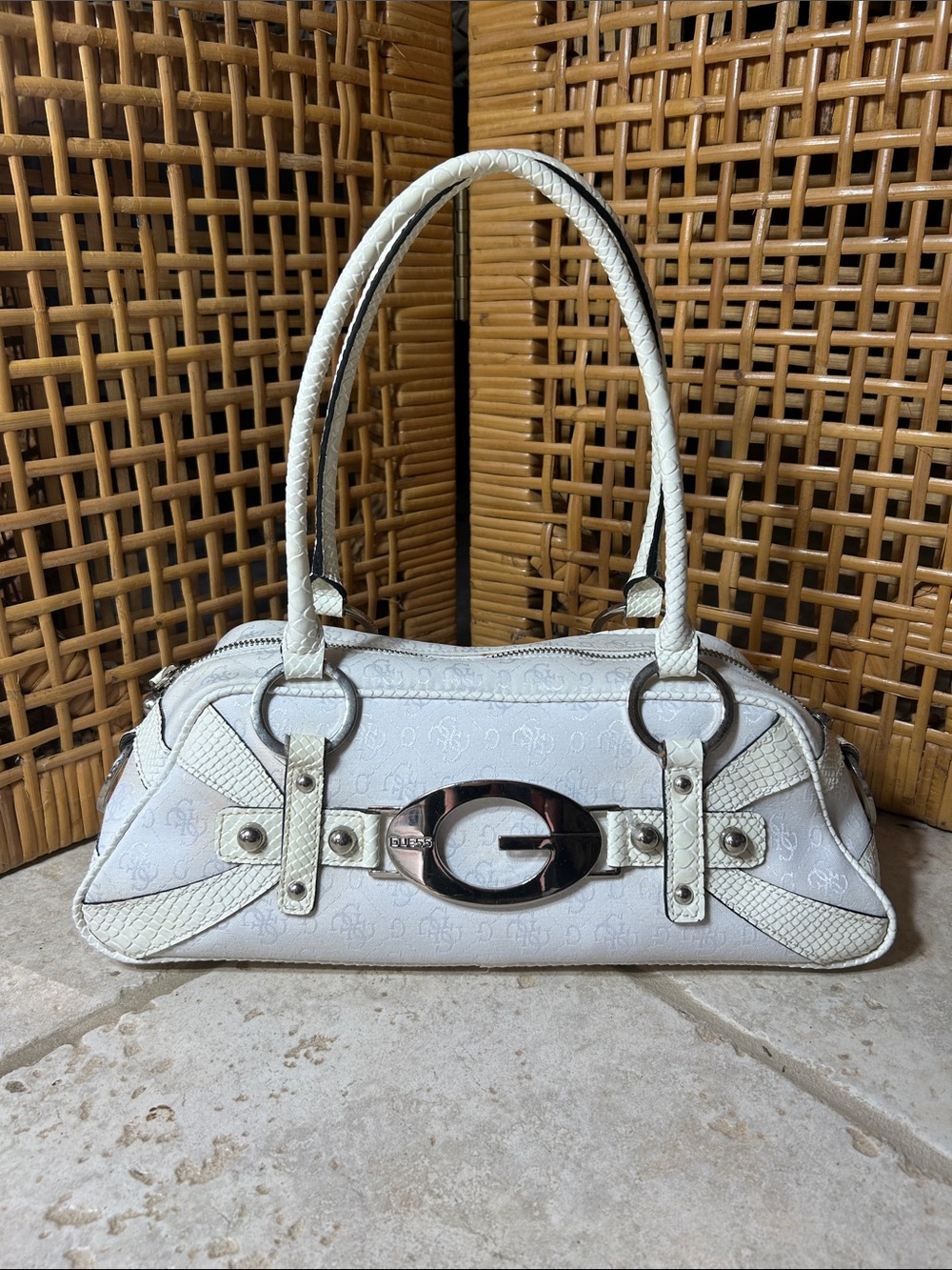 Vintage Y2K Guess White Women's Satchel Handbag with SilverTone Accents